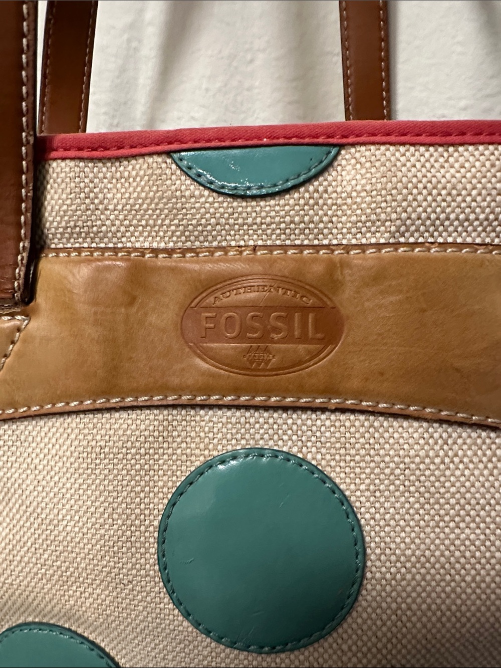 Fossil Beige Canvas Tote with Teal Polka Dots and Brown Leather Handles - Picture 2 of 8